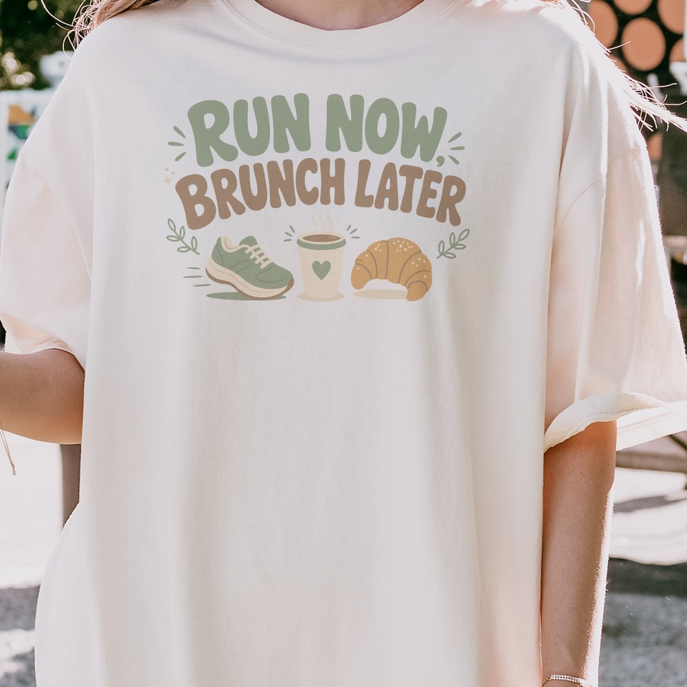 Run Now Brunch Later Sneaker Coffee Croissant Tee